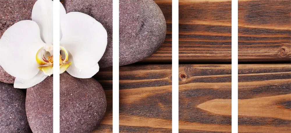 Εικόνα 5 μερών πέτρα ευεξίας και ορχιδέα σε ξύλινο φόντο