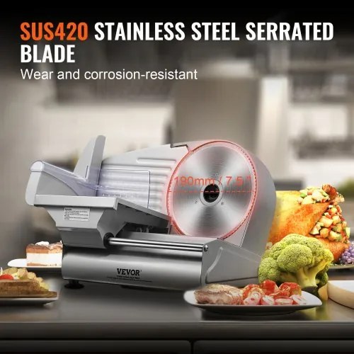 VEVOR Meat Slicer, 180W Electric Deli Food Slicer with 7.5&quot; SUS420 Stainless Steel Blade and Blade Guard, 0 - 0.6 inch Adjustable Thickness for Home Use, Easy to Clean, Cut Meat, Bread, Ham and Cheese