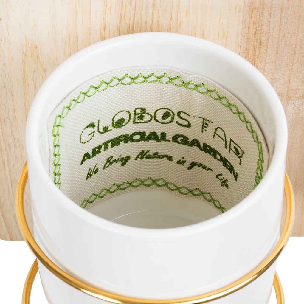 GloboStar® Artificial Garden IKARIA 20472 Επιτοίχιο Πήλινο Κεραμικό Κασπώ Γλάστρα με Ξύλινη Βάση - Flower Pot Μπεζ με Λευκό &amp; Χρυσό Φ13cm x Υ23cm