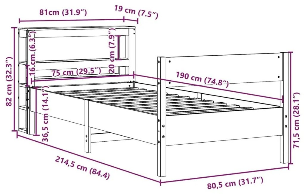 Σκελετός Κρεβατιού Χωρίς Στρώμα 75x190 εκ Μασίφ Ξύλο Πεύκου - Καφέ