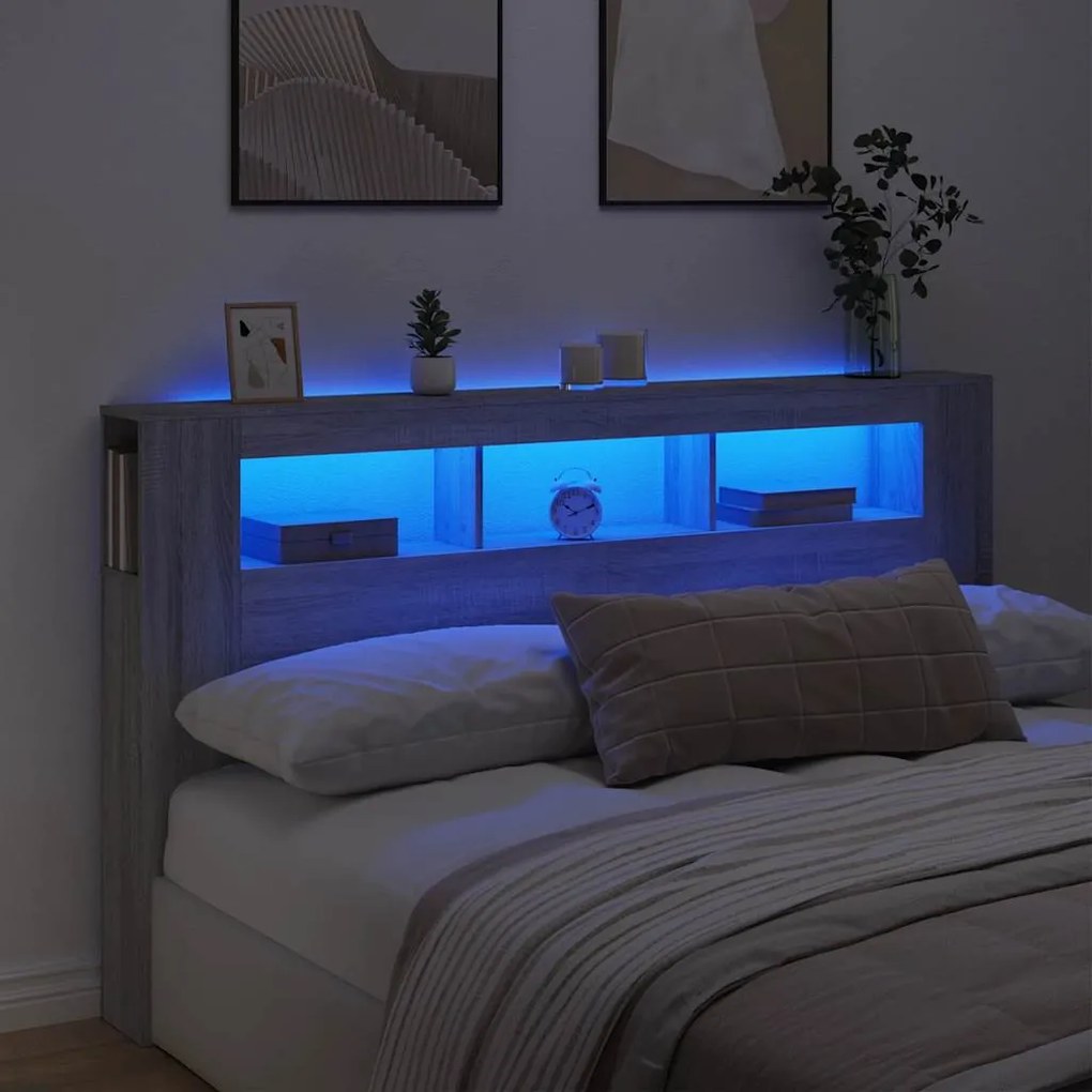 vidaXL Κεφαλάρι Κρεβατιού με LED Γκρι Sonoma 180x18,5x103,5 εκ