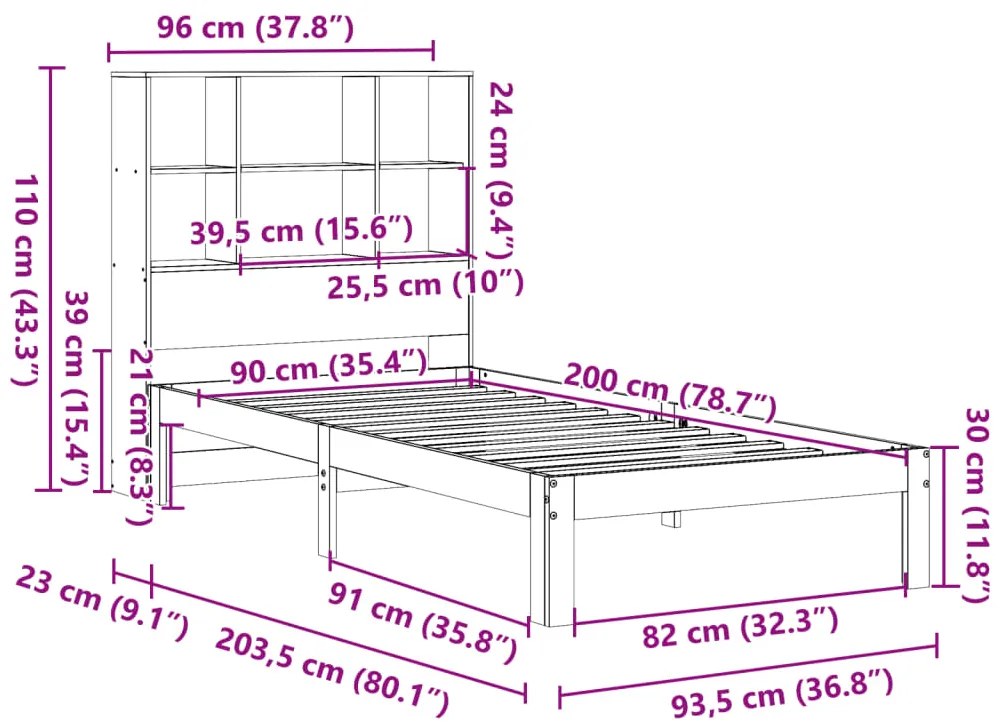 Κρεβάτι Βιβλιοθήκη Χωρίς Στρώμα 90x200 εκ Μασίφ Ξύλο Πεύκου 3322557