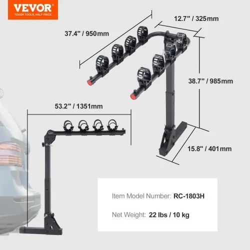 VEVOR Hitch Mount Bike Rack, 4-Bike Carrier Rack, 150 LBS Capacity Bike Rack Hitch for 2-inch Receiver, Titling and Folding Bike Carrier with No-Wobble U Bolt and Strap, for Car, SUV, Truck, RV, Rectangular interface