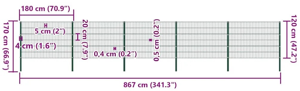 vidaXL Πάνελ Περίφραξης με Στύλους Σιδερένιο Πράσινο 867 x 120 εκ.