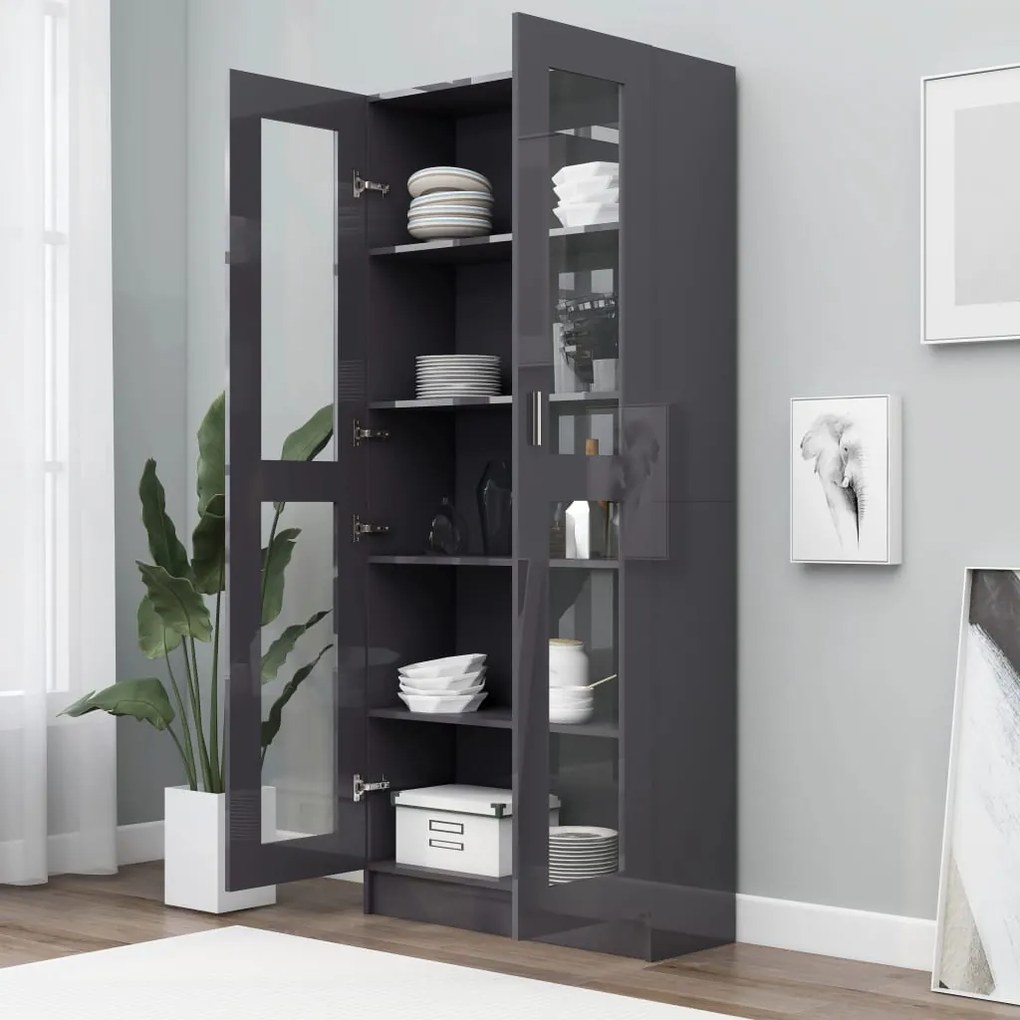 vidaXL Βιτρίνα Γυαλιστερό Γκρι 82,5 x 30,5 x 185,5 εκ. Μοριοσανίδα