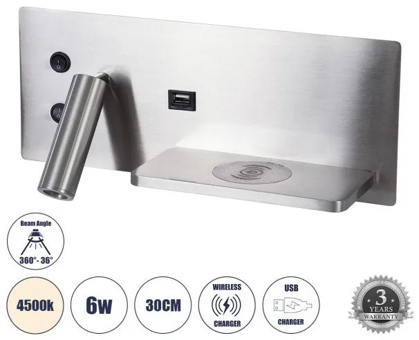 Απλίκα Φωτιστικό Τοίχου Ξενοδοχείου LED 6W 720lm Δεξί PALADIN Globostar-61356-Νίκελ Ματ 61356