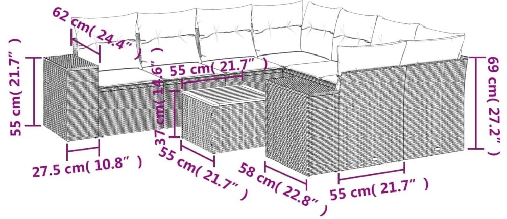 vidaXL Σαλόνι Κήπου Σετ 9 τεμ. Μπεζ Συνθετικό Ρατάν με Μαξιλάρια