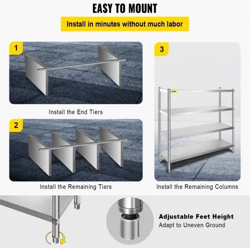 VEVOR Storage Shelf, 4-Tier Stainless Steel Shelving, Storage Shelving Unit, 70.9 x 17.7 x 59.1 Inch Heavy Duty Storage Rack Shelving, 1320 Lbs Total Capacity with Adjustable Height