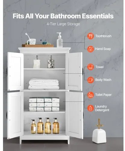 VEVOR Wooden Bathroom Floor Cabinet Storage Organizer Adjustable Shelf White