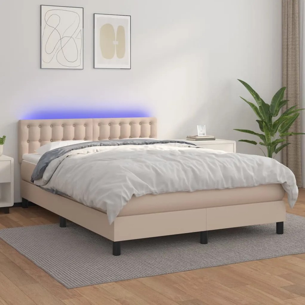 vidaXL Κρεβάτι Boxspring Στρώμα&amp;LED Καπουτσίνο 140x200 εκ. Συνθ. Δέρμα