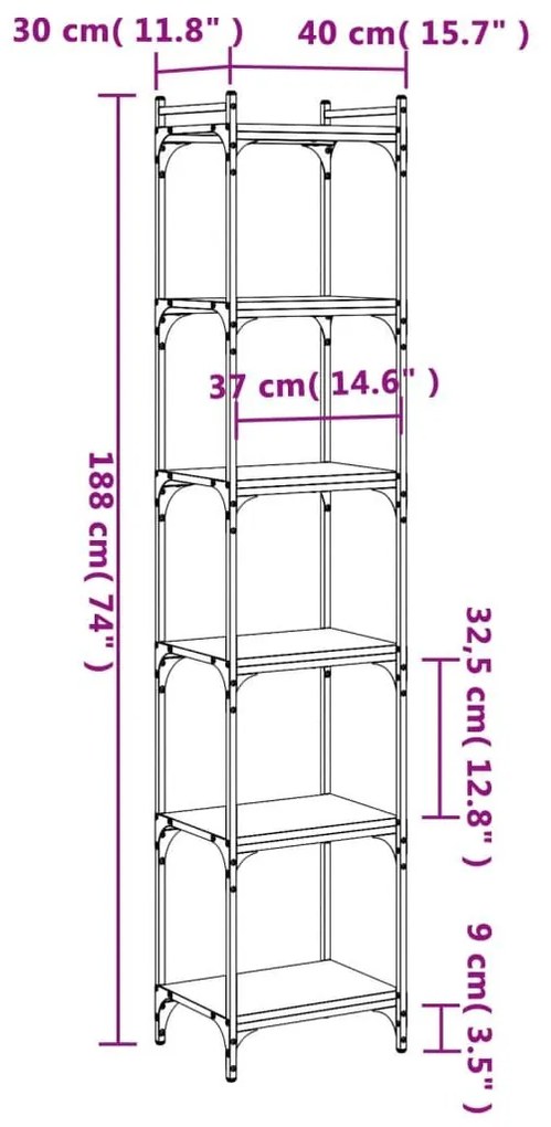 Βιβλιοθήκη 6 Επιπέδων Γκρι Sonoma 40x30x188 εκ. Επεξεργ. Ξύλο - Γκρι