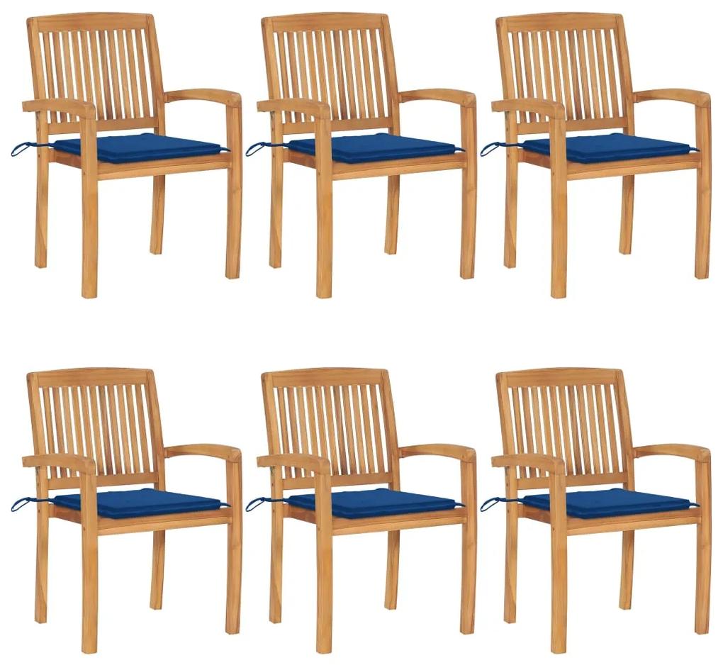 3073235 vidaXL Καρέκλες Κήπου Στοιβαζόμενες 6 τεμ. Μασίφ Ξύλο Teak &amp; Μαξιλάρια Μπλε, 1 Τεμάχιο