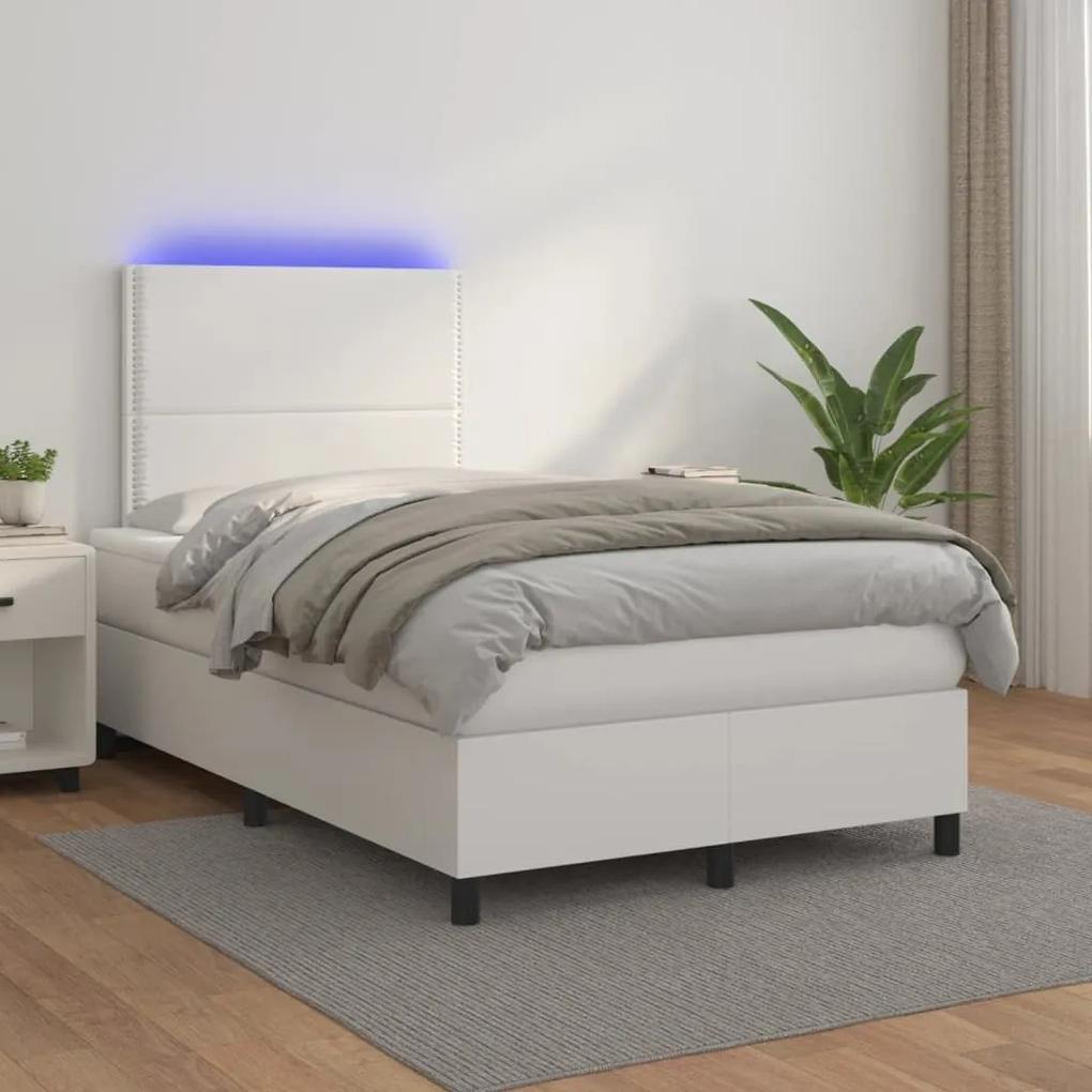 Κρεβάτι Boxspring με Στρώμα &amp; LED Λευκό 120x190 εκ. Συνθ. Δέρμα - Λευκό