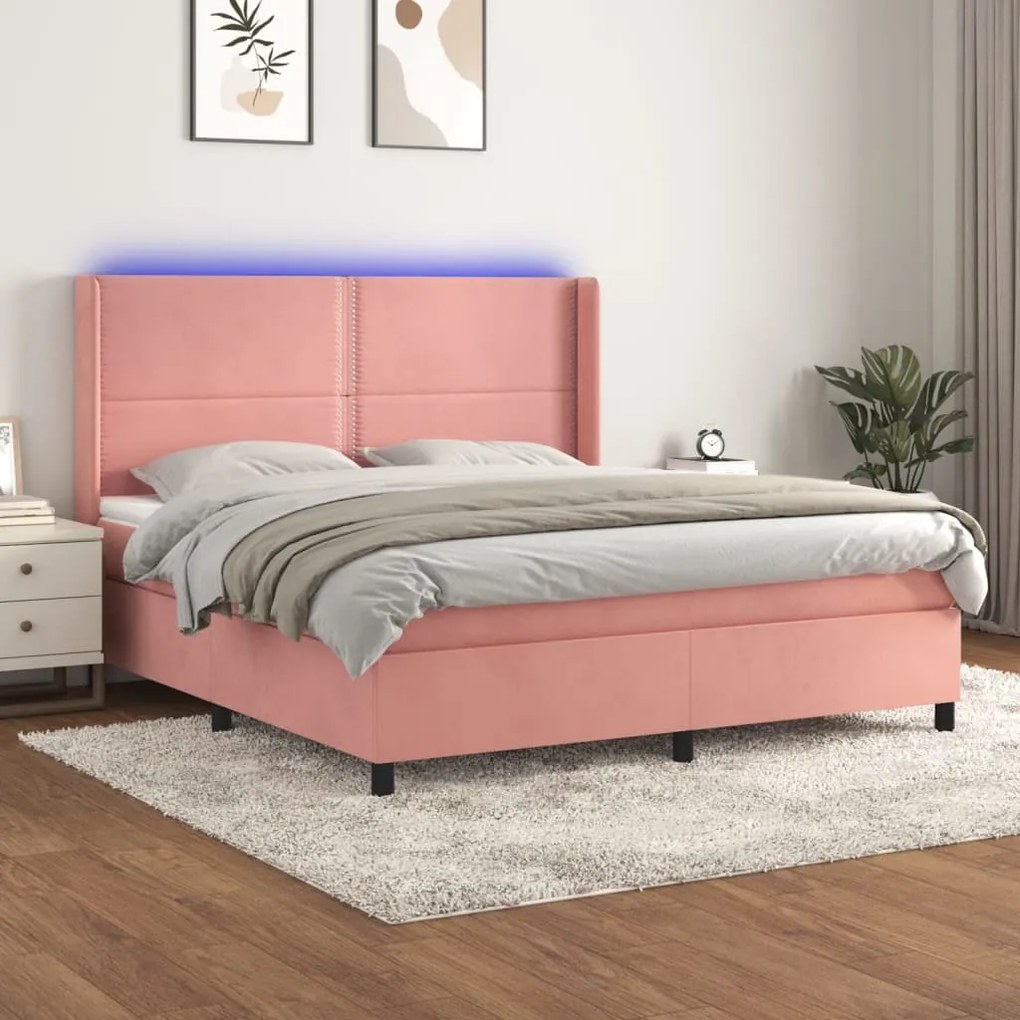 vidaXL Κρεβάτι Boxspring με Στρώμα &amp; LED Ροζ 180x200 εκ. Βελούδινο