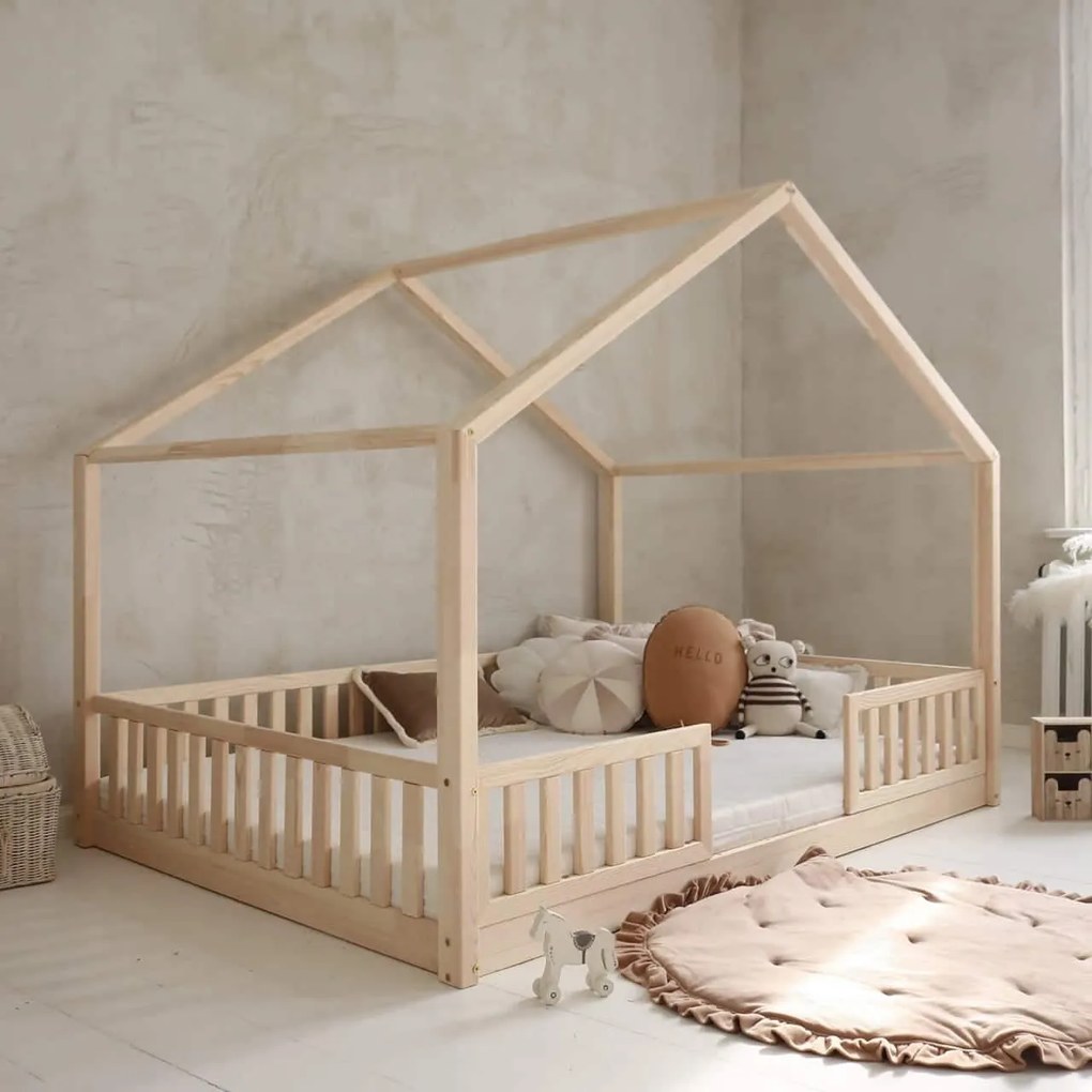 Κρεβάτι Παιδικό Montessori  House Bed Duo με κάγκελα 30cm σε Φυσικό  Ξύλο  140×200cm  Luletto (Δώρο 10% έκπτωση στο Στρώμα)