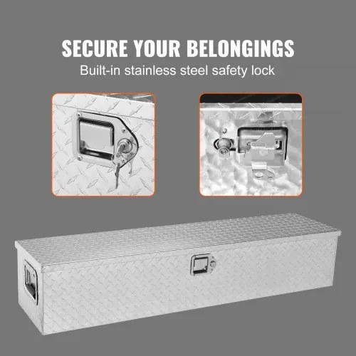 VEVOR Heavy Duty Aluminum Truck Bed Tool Box, Diamond Plate Tool Box with Side Handle and Lock Keys, Storage Tool Box Chest Box Organizer for Pickup, Truck Bed, RV, Trailer, 48&quot;x15&quot;x15&quot;, Silver