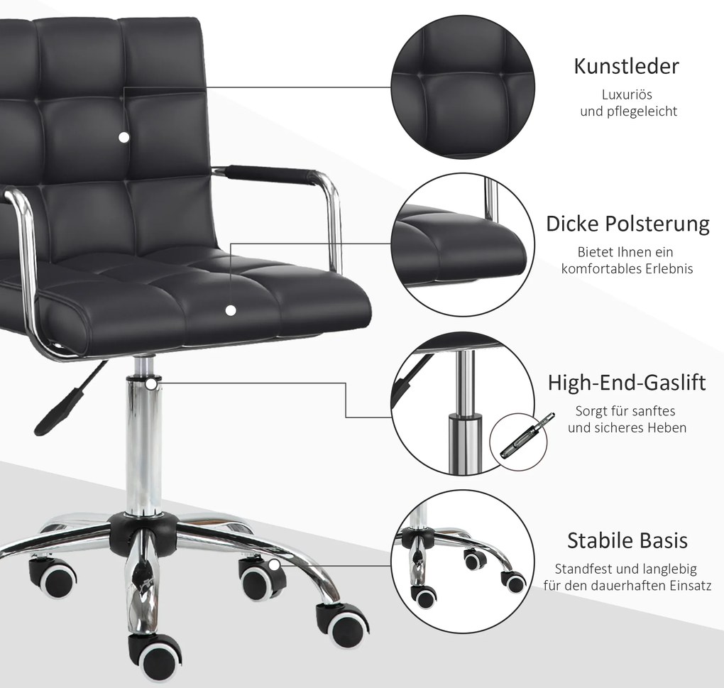 HOMCOM Καρέκλα γραφείου ρετρό, ρυθμιζόμενο ύψος, 5 ροδάκια, 52,5 cm x 54 cm x 99 cm, Μαύρο