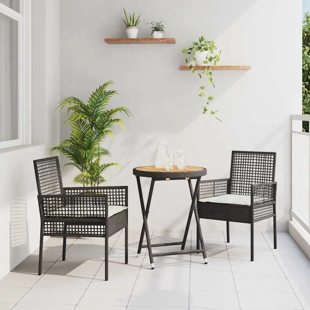 vidaXL Σετ Κήπου Bistro 3 Τεμαχίων  με Μαξιλάρια σε Μαύρο Πολυ Ρατάν