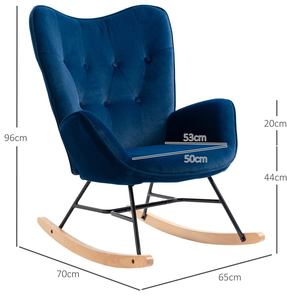 HOMCOM Κουνιστή πολυθρόνα με καπιτονέ, ξύλινες βάσεις, όψη βελούδου, έως 150 kg, μπλε