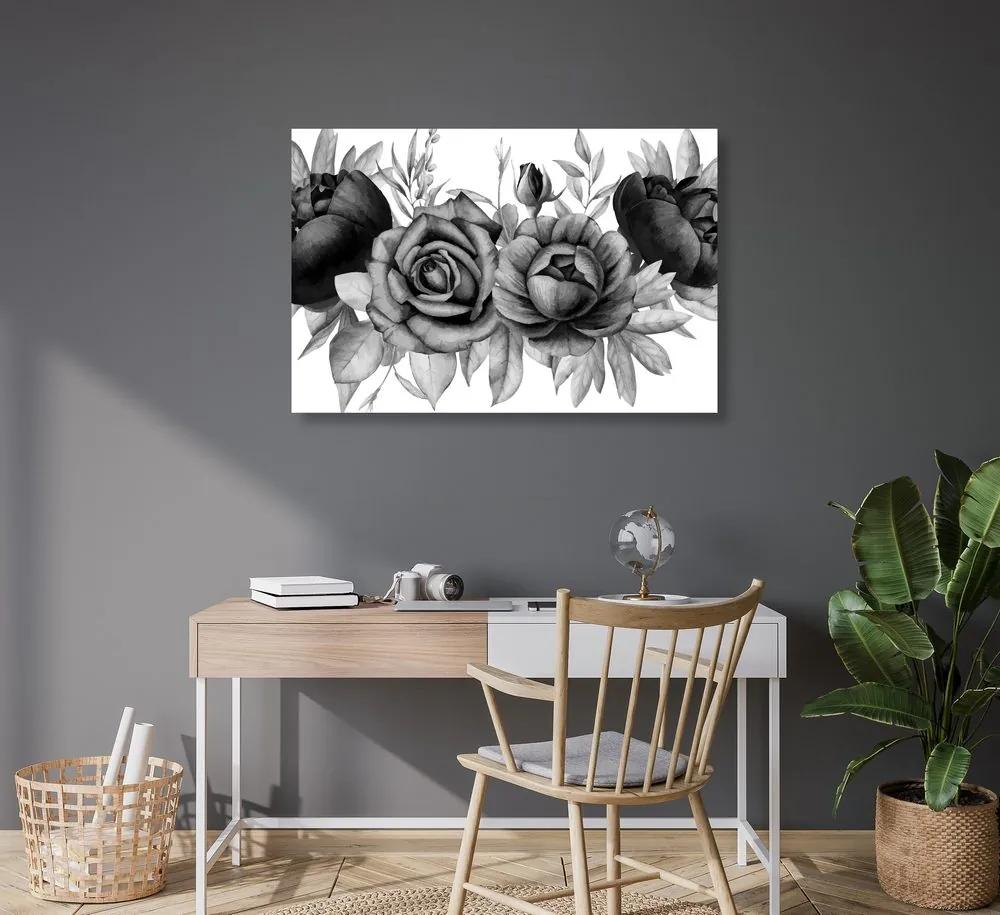 Φωτογραφίστε τον γοητευτικό συνδυασμό λουλουδιών και φύλλων σε μαύρο και άσπρο - 60x40