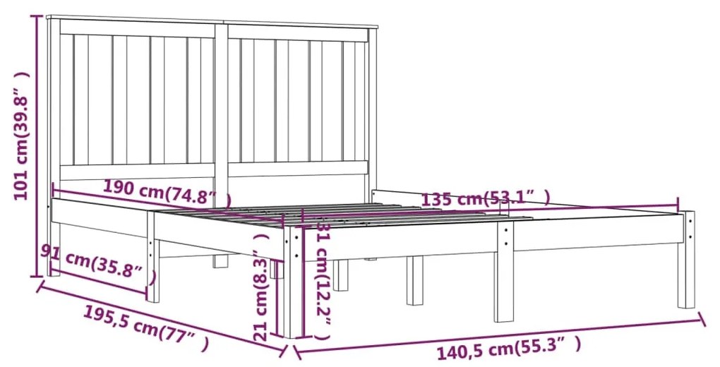 Πλαίσιο Κρεβατιού 135 x 190 εκ. Μασίφ Ξύλο Πεύκου Double - Καφέ