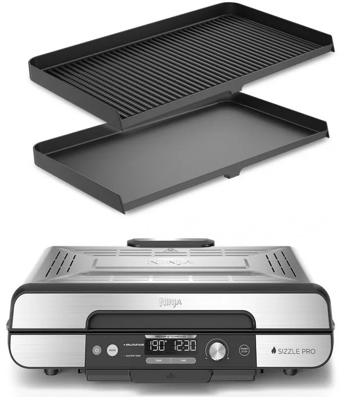 Ηλεκτρική ψησταριά Ninja Sizzle Pro XL GX101EU, 1800W, 120°-260°C, 2 κεραμικά πλόκια, 10 μπιφτέκια, ProTemp IQ, Swalajem kapak, Ceren/Inox