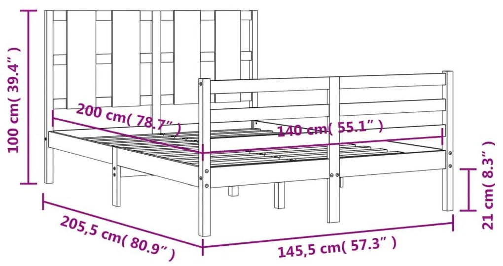 Πλαίσιο Κρεβατιού με Κεφαλάρι 140x200 εκ. από Μασίφ Ξύλο - Καφέ