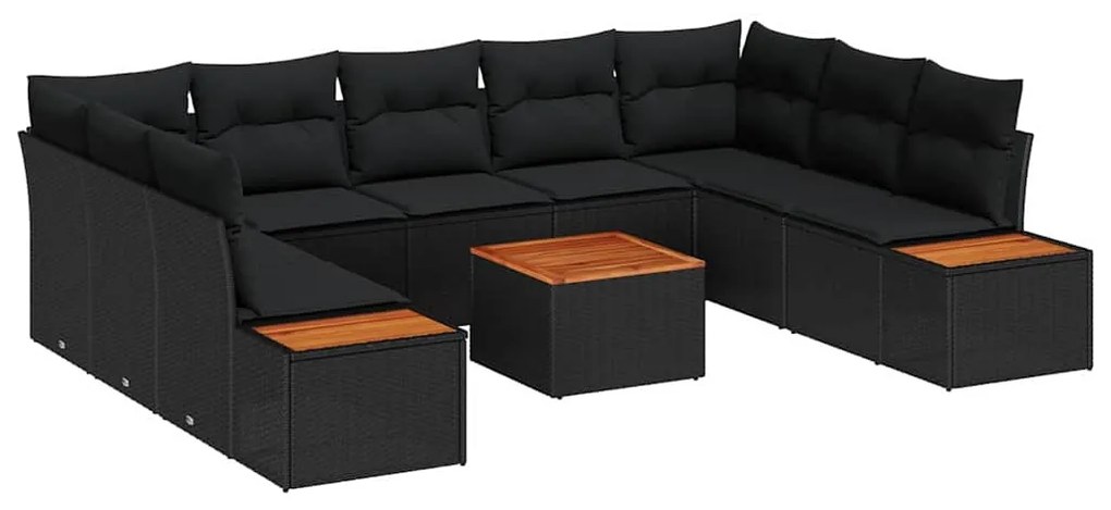 vidaXL 10 Τεμάχια Σετ Καναπέ Κήπου με Μαξιλάρια - Μαύρο Πολυράτταν και Ακακία
