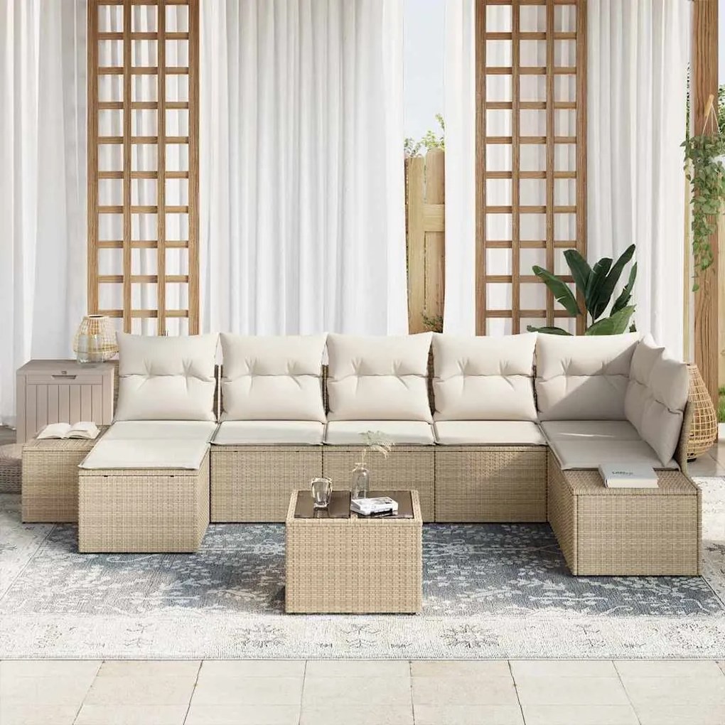vidaXL Σετ Καναπέ Κήπου με μαξιλάρι 8 pcs Μπεζ Πολυ ράταν