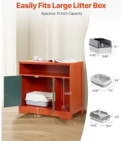 VEVOR Cat Litter Box Enclosure, 79.2 cm Hidden Litter Box Cabinet with Shelf &amp; Storage, Modern Style Indoor Cat Washroom, Wooden Kitty House Furniture End Table, Fit Most Litterboxes, Red &amp; Green