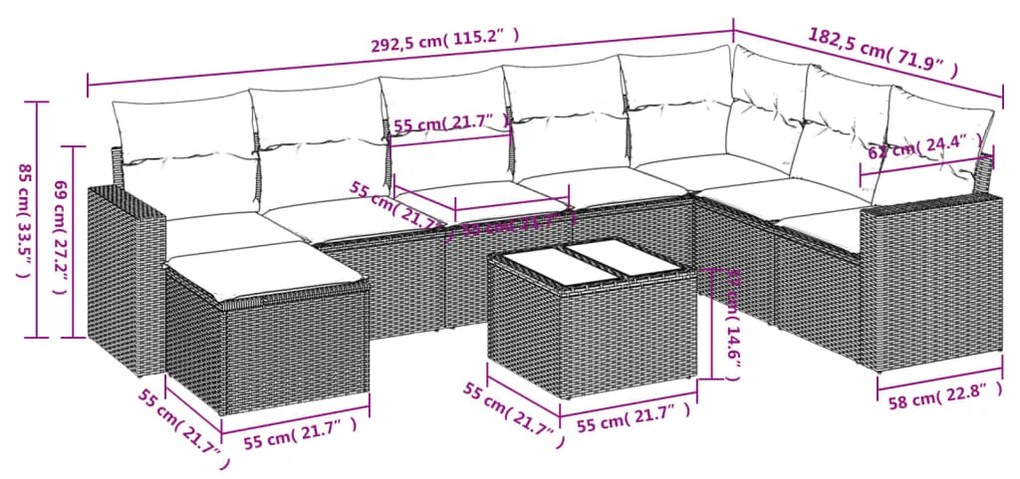 vidaXL Σαλόνι Κήπου Σετ 9 Τεμαχίων Μαύρο από Συνθ. Ρατάν με Μαξιλάρια