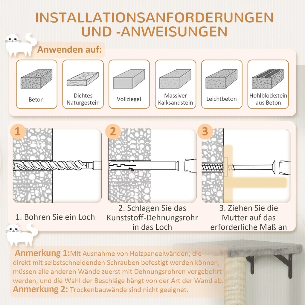 PawHut Σύστημα Κρεμαστής Τοιχοποιίας για Γάτες 7 τεμαχίων Σετ Κρεμαστής Τοιχοποιίας για Γάτες με Σπιτάκι Γάτας, Πλατφόρμα, Πλατφόρμα Γκρι