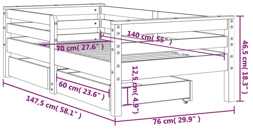 Πλαίσιο Παιδ. Κρεβατιού με Συρτάρια Λευκό 70x140εκ. Μασίφ Πεύκο - Λευκό