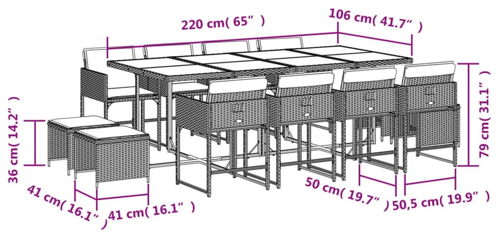 vidaXL Τραπεζαρία Κήπου 13 Τεμαχίων Γκρι Συνθετικό Ρατάν με Μαξιλάρια