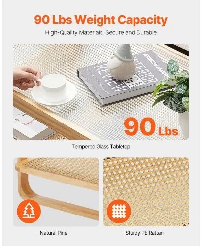 VEVOR Rattan Coffee Table Rectangle Rattan Coffee Table 2-Tier for Living Room