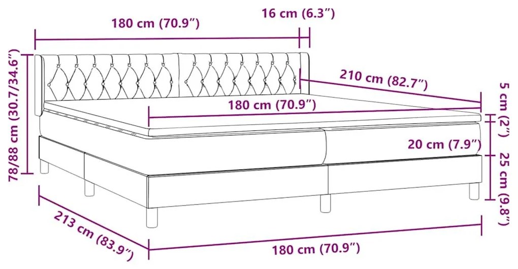 Κρεβάτι Boxspring με Στρώμα Σκούρο Γκρι 180x210 εκ. Βελούδινο - Γκρι