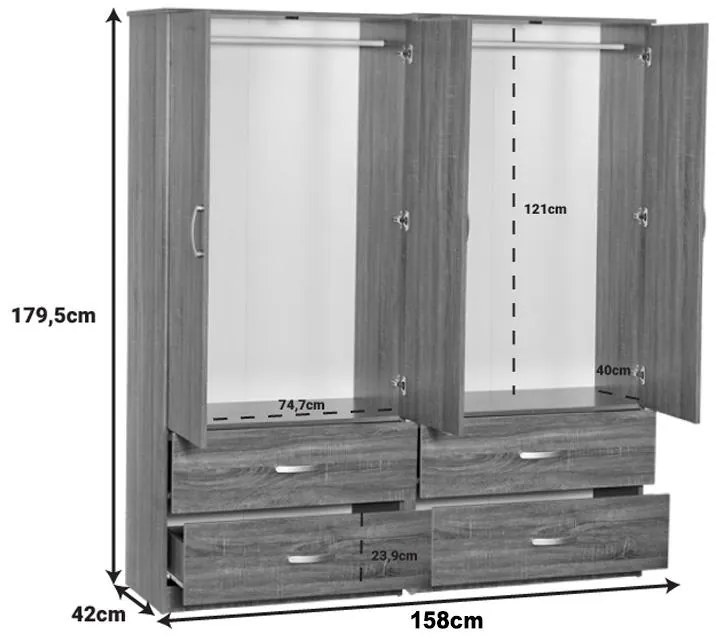 Ντουλάπα ρούχων τετράφυλλη Zelia C με 4 συρτάρια χρώμα wenge 158x42x180εκ 158x42x180 εκ.
