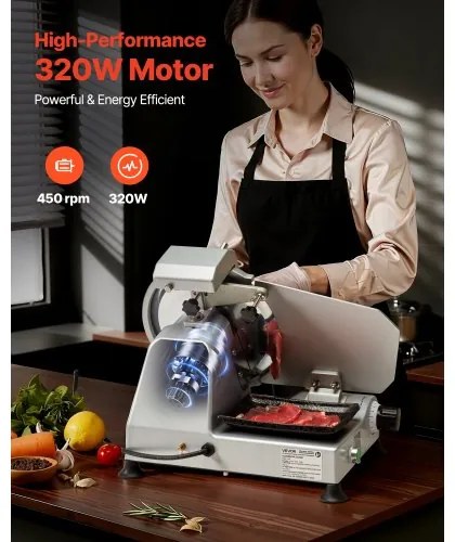 VEVOR Commercial Meat Slicer, 320W Electric Deli Slicer Machine with 250 mm Sharp Blade, Meat-Slicer with 450 RPM Slicing Speed, 0-10 mm Adjustable Thickness, for Frozen Meat, Ham, Baguett &amp; Steak