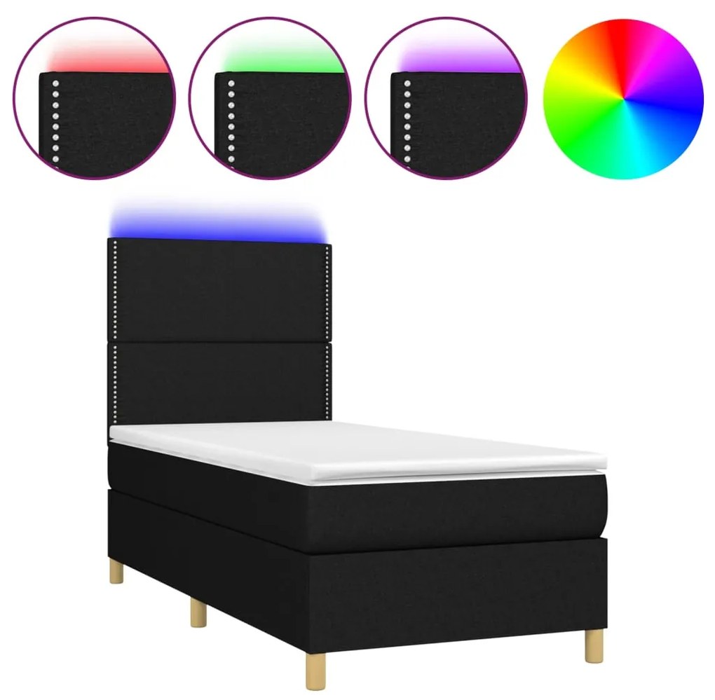 vidaXL Κρεβάτι Boxspring με Στρώμα & LED Μαύρο 90x200 εκ. Υφασμάτινο