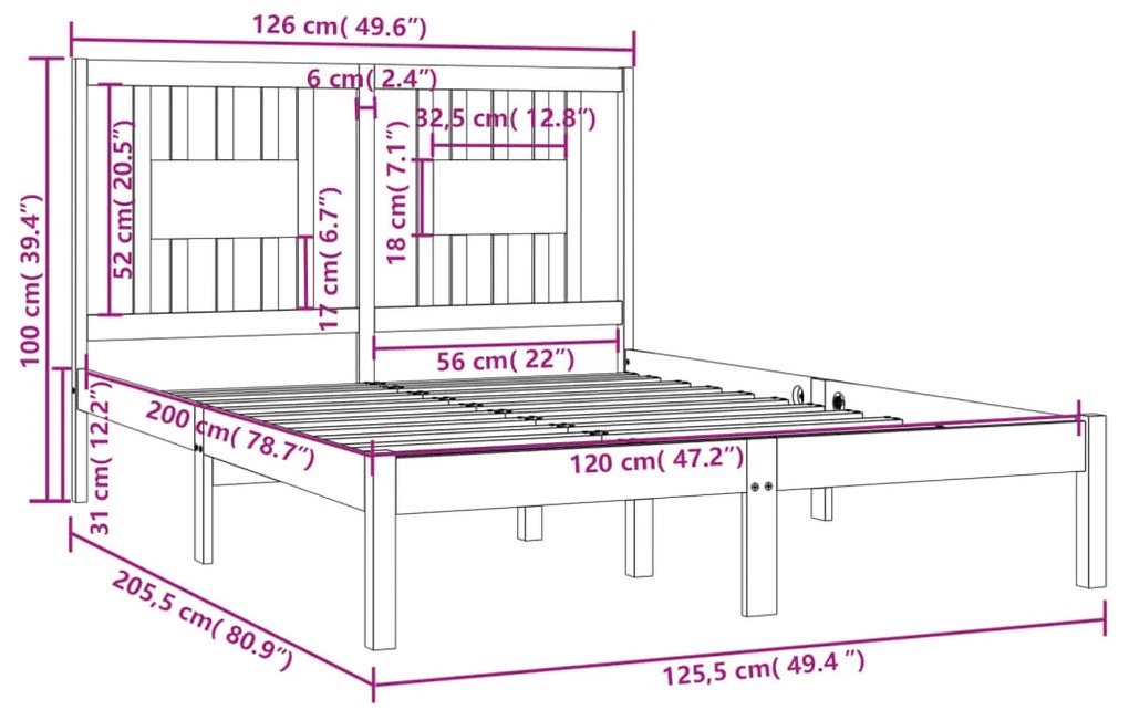 vidaXL Πλαίσιο Κρεβατιού 120 x 200 εκ. από Μασίφ Ξύλο Πεύκου