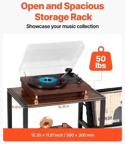 VEVOR 3 Tiers Record Player with LED Light &amp; USB Ports Metal Vinyl Shelf Black