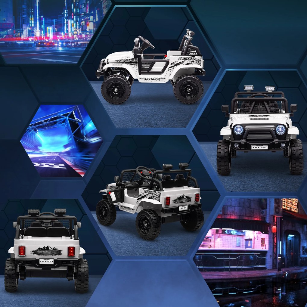 AIYAPLAY Ηλεκτρικό αυτοκίνητο για παιδιά με ανάρτηση, τηλεχειριζόμενο, φώτα LED, κόρνα, κινητήρες 12V, από πλαστικό και μέταλλο, Λευκό