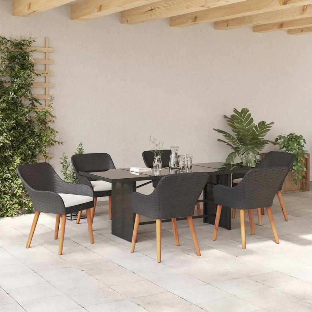 vidaXL Σέτ φαγητού για κήπο με μαξιλάρι 7 pcs Μαύρο συνθετικό ρατάν
