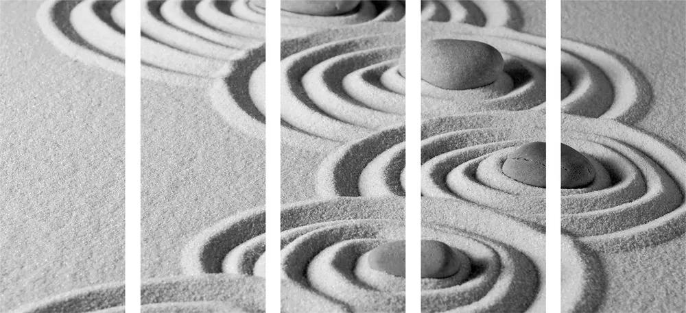 Εικόνα 5 μερών Πέτρες Ζεν σε κύκλους με άμμο σε ασπρόμαυρο σχέδιο - 100x50