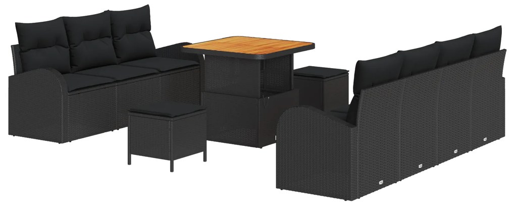 vidaXL 10 Κομμάτι Σαλονι Κήπου Με Μαξιλάρια Μαύρο Πολυ Ράτανα Ακακία
