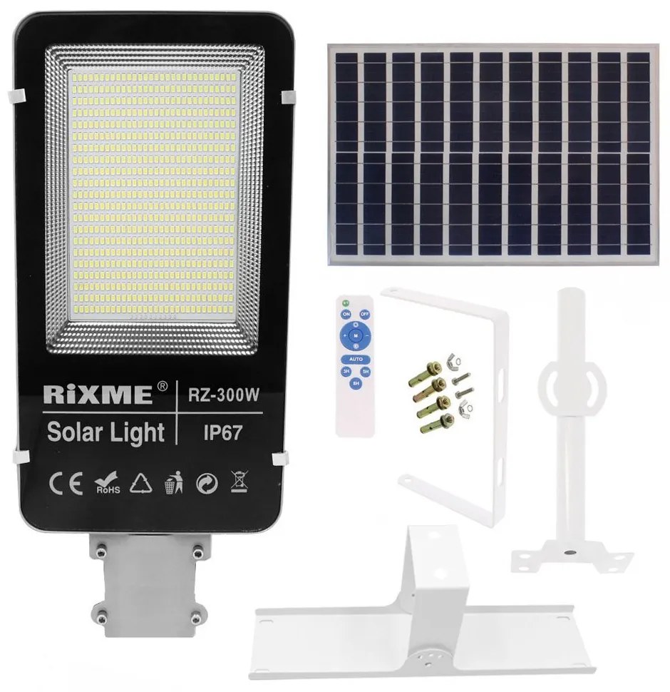Led Αδιάβροχο Ηλιακό Φωτιστικό Δρόμου 300W 50400LM με Βάση Στήριξης και Τηλεχειριστήριο Rixme RZ-300W