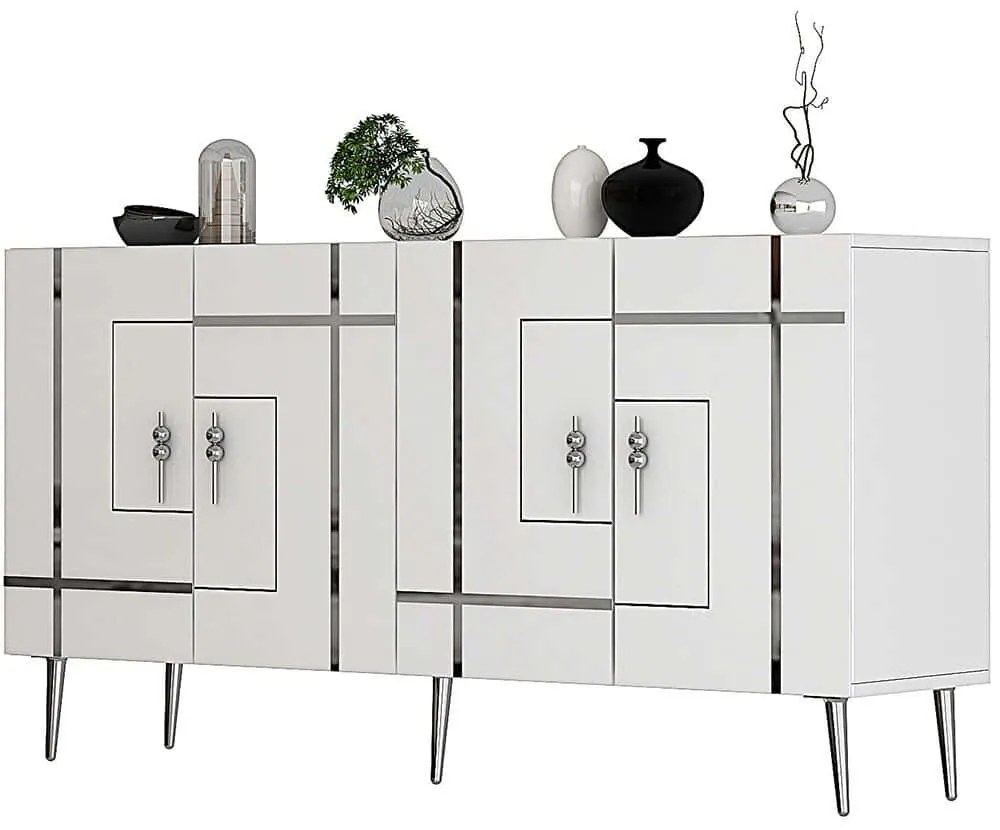 Μπουφές Line 475OLV1783 150x35x75cm White-Silver Μοριοσανίδα, Μελαμίνη