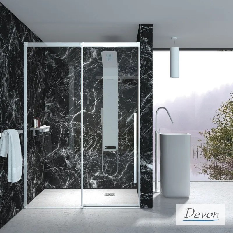 DEVON Smooth Slider 1+1 Πόρτα ντουζιέρας με 1 σταθερό &amp; 1 συρόμενο φύλλο CHROME 117 - 121εκ Υ200εκ &amp; 1προφίλ προέκτασης x2,5εκ