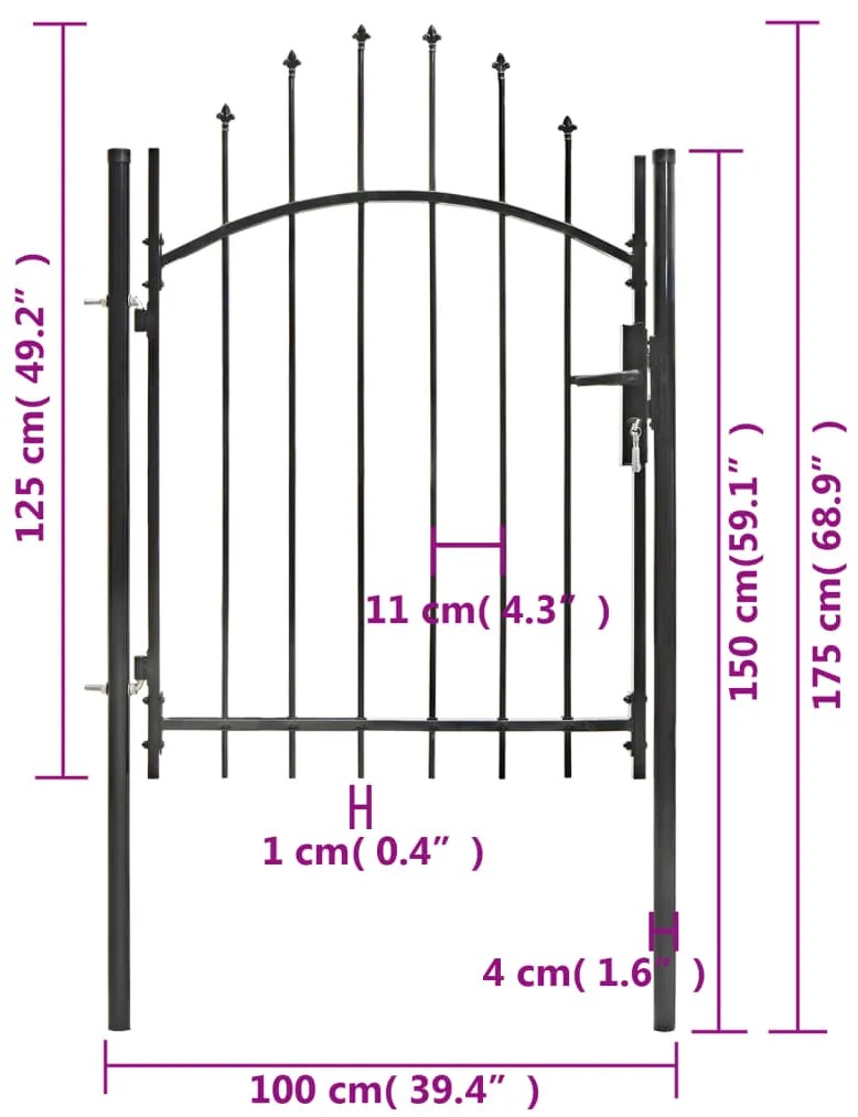 vidaXL Καγκελόπορτα Μαύρη 1 x 1,75 μ. Ατσάλινη