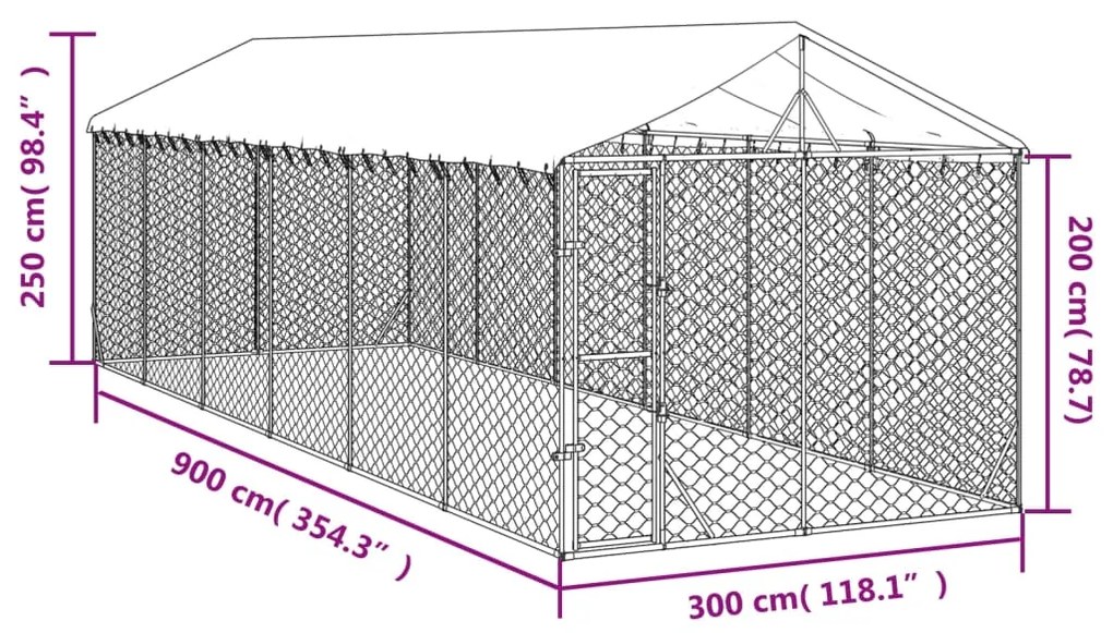 vidaXL Κλουβί Σκύλου Εξ. Χώρου με Οροφή Ασημί 3x9x2,5 μ. Γαλβ. Ατσάλι